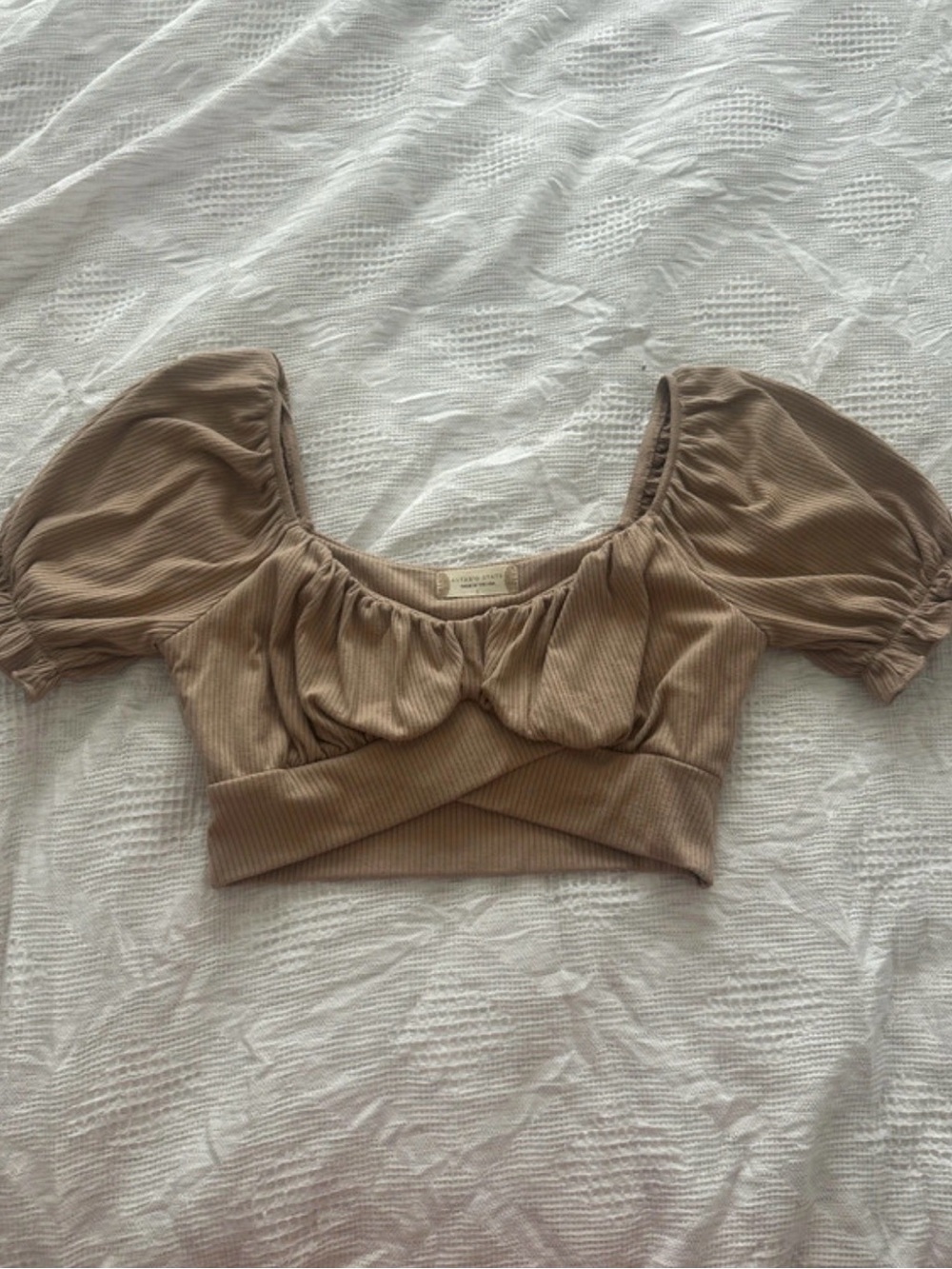 Altar'd State Tan Puff Sleeve Ribbed Crop Top